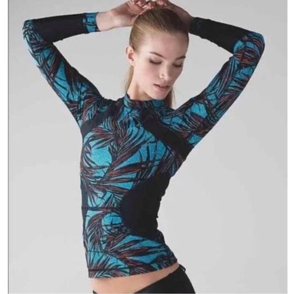 Lululemon Suns Out Rash Guard UPF 50+ Palm Lace Tofino Teal Stretch Top Shirt - Picture 1 of 5
